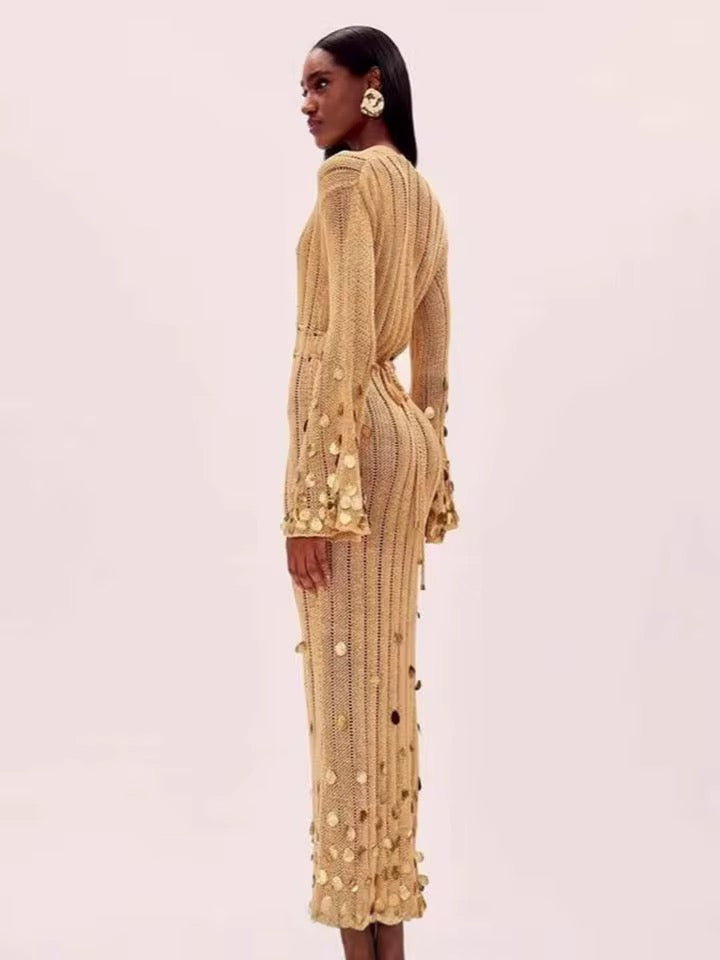 Sequin Elegant Solid Knitted Maxi Dress