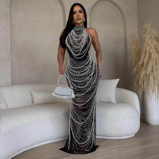 Mesh Diamond Pearl Mesh Long Dress - REBECATHELABEL