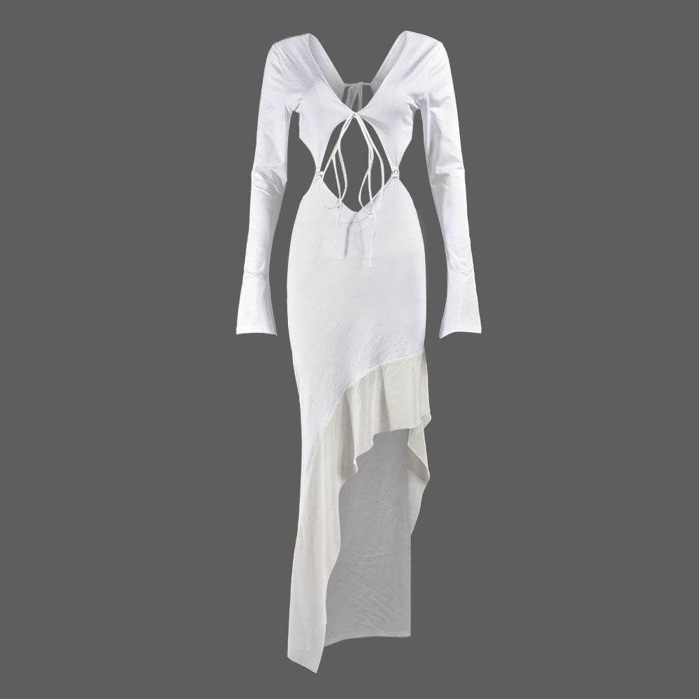 Wrapped Chest Long Sleeve V Neck Lace Up Maxi Dress - REBECATHELABEL