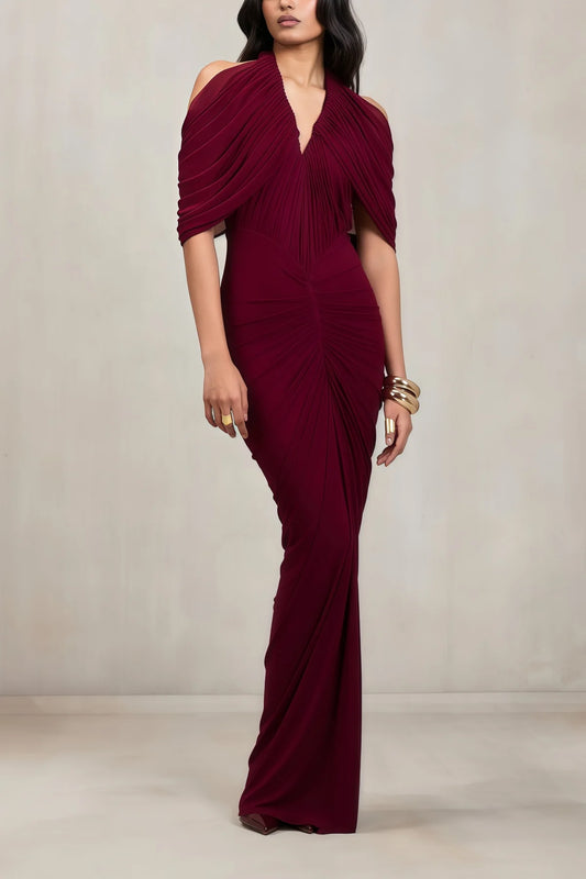 Red Cold Shoulder Draped Maxi Dress