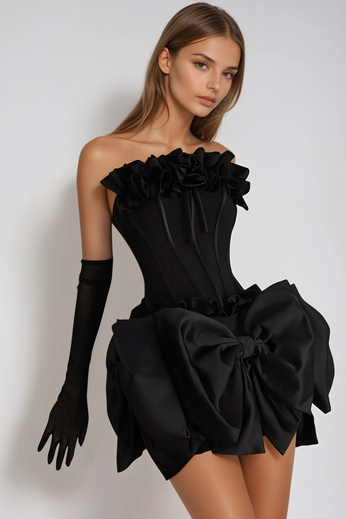 Flower Bow Little Black Mini Dress with Gloves dress