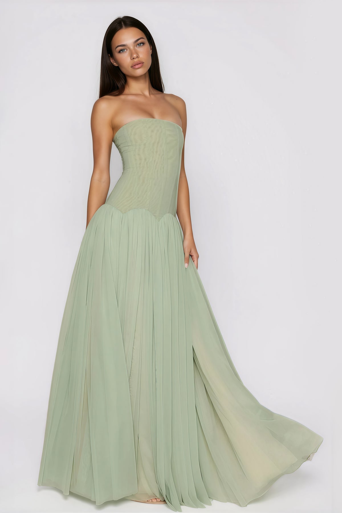 Green Off Shoulder Pleated Maxi Dress