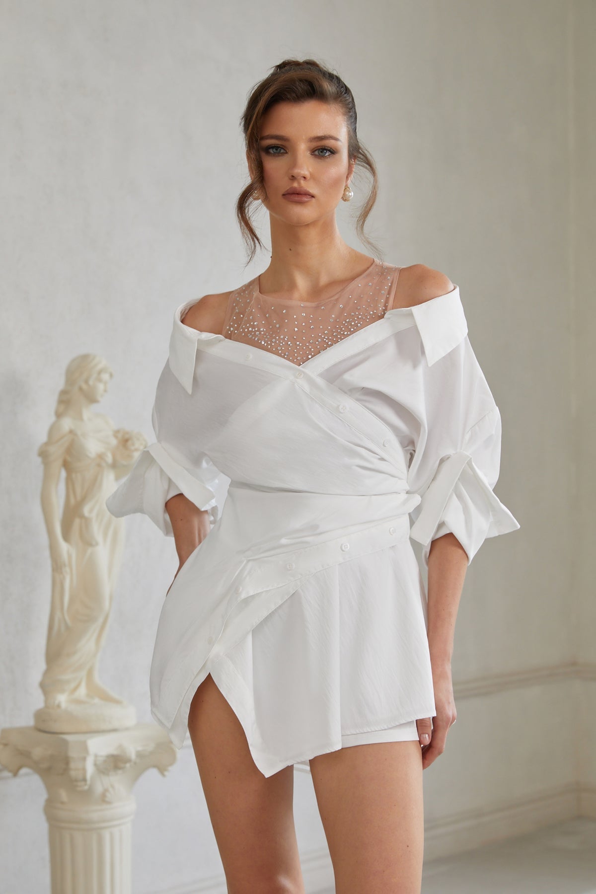 White Asymmetrical Gathered Mini Shirt Dress