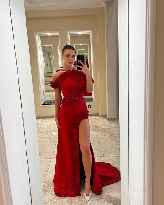 Slit Halter Off Shoulder Sweep Train Satin dress - REBECATHELABEL