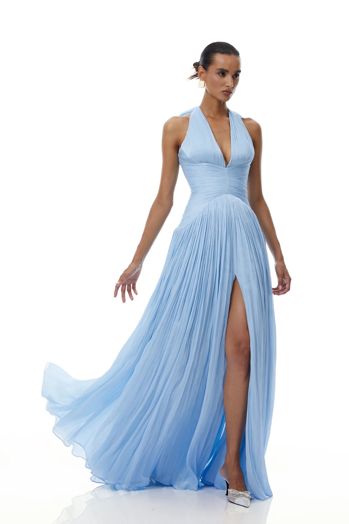 Blue Glossy Gathered Maxi Dress