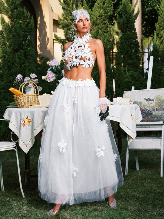 White Black 3D Flower Mesh Ball Gown 2-Piece Set - REBECATHELABEL