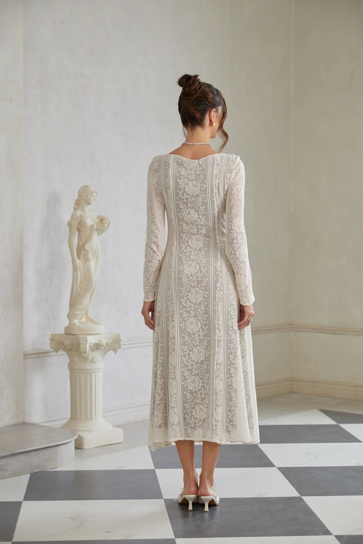 White Flared Crochet Knit Midi Dress