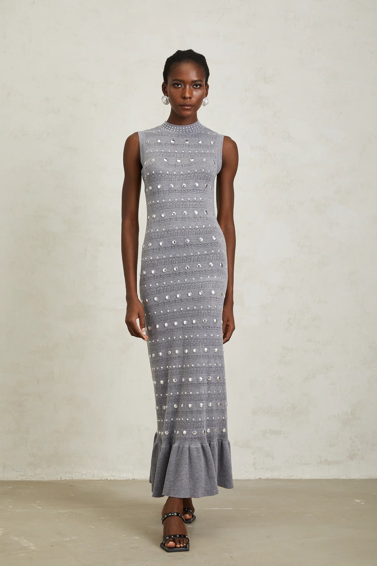 Grey Studded Crochet Knit Maxi Dress