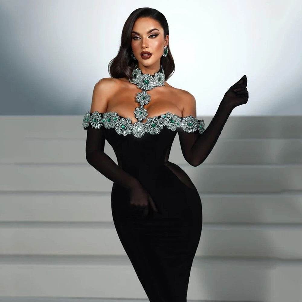 Off Shoulder Luxury Diamond Tight Long Bandage Dress - REBECATHELABEL