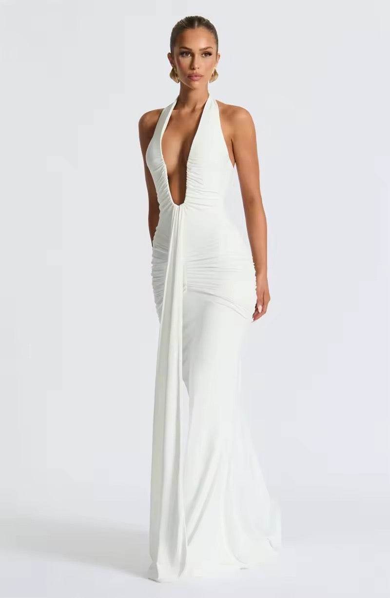 Deep V Neck Backless Ruched Sexy Maxi Dress - REBECATHELABEL