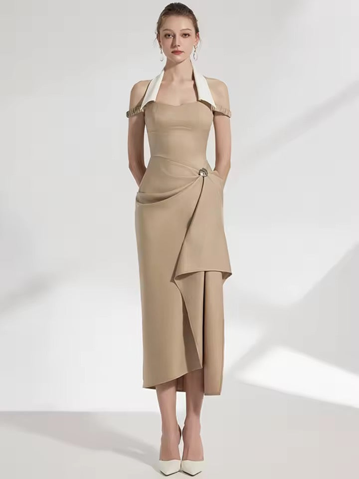 Halter Lapel Contrast Color Irregular Pleated dress