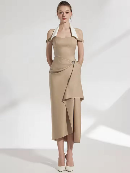 Halter Lapel Contrast Color Irregular Pleated dress