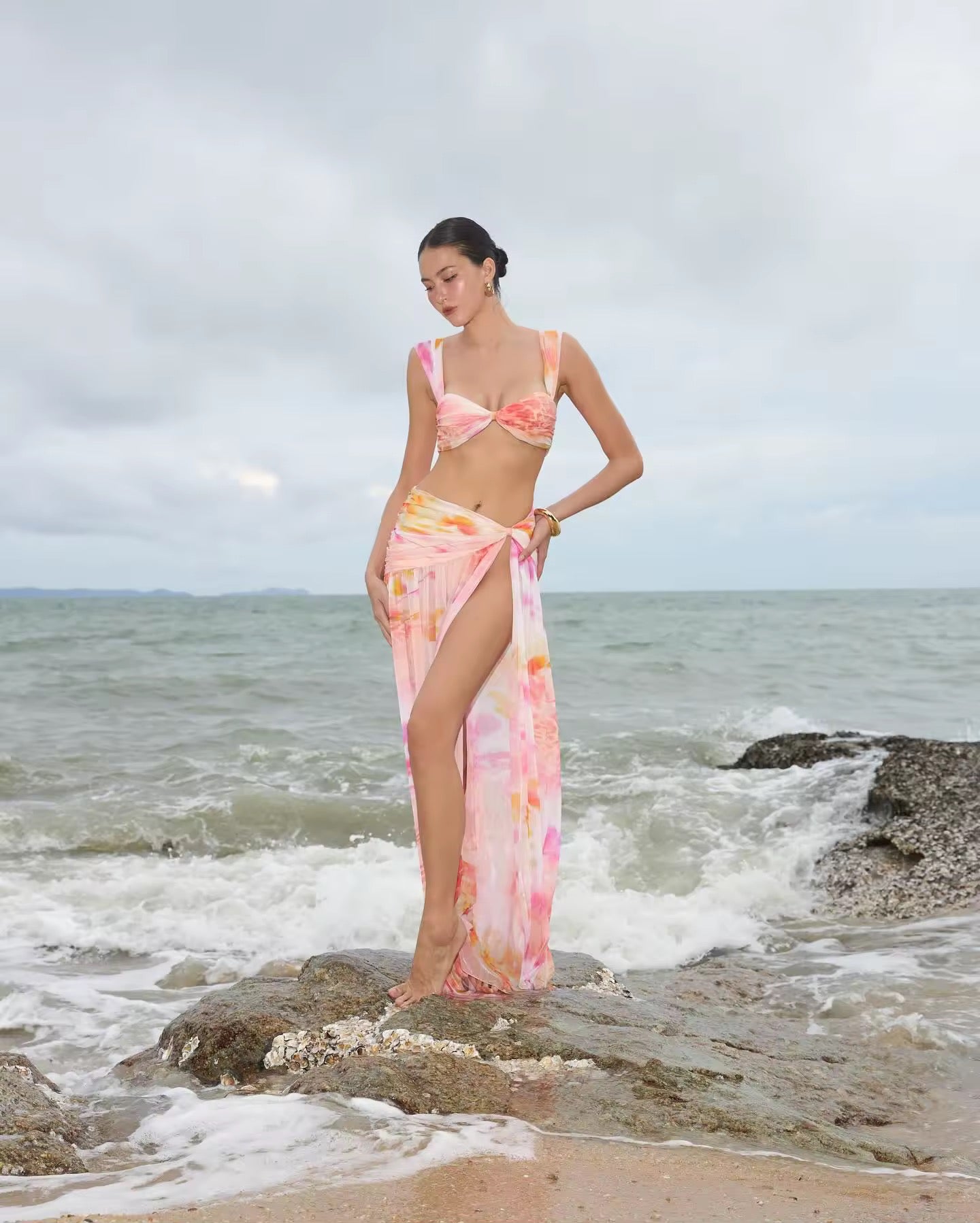 Ruched Print Cover Up Maxi Vestidos Holiday Beach set