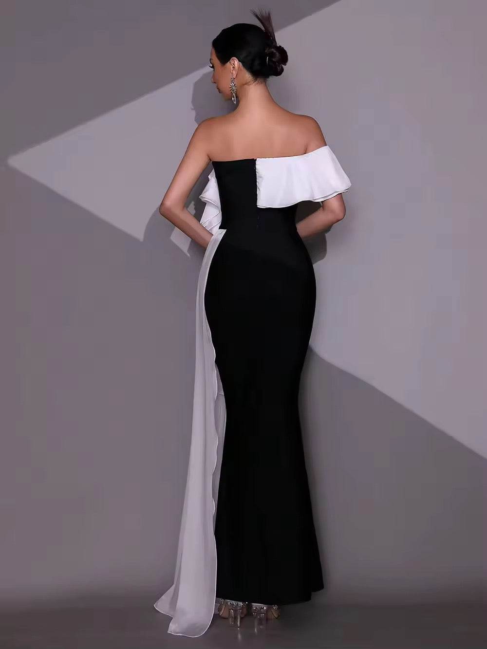Off Shoulder Ruffle Tight Long Maxi Bandage Dress - REBECATHELABEL