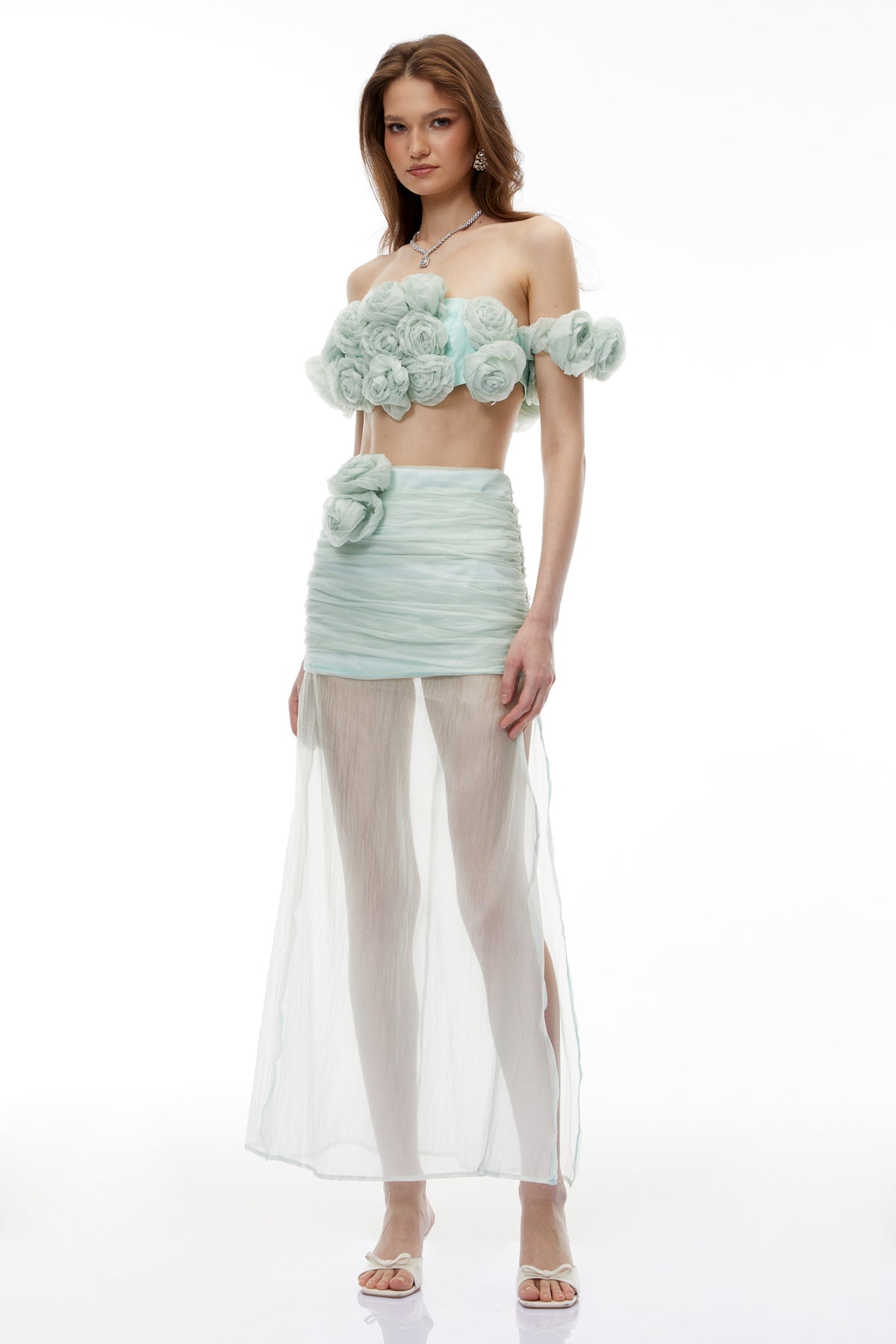 Green Tulle Top & Skirt Set with 3D Florals