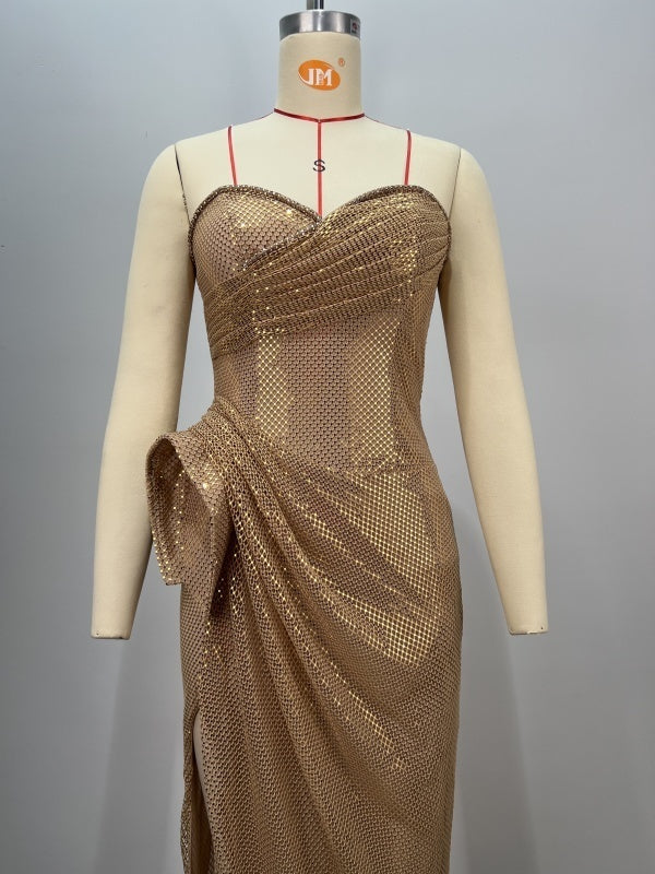 Tube Top Beaded Slim Bag Hip Split Sequined Party Dinner Evening Dress