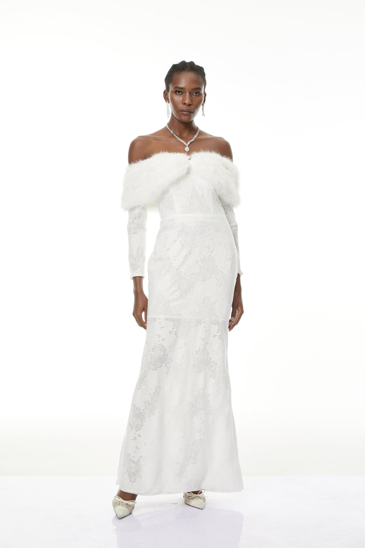 White Fur Trim Floral Lace Maxi Dress