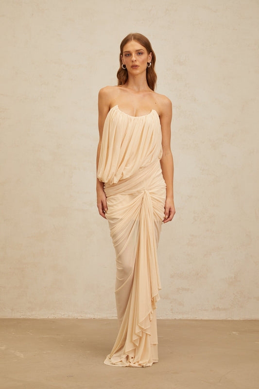 Neutrals Draped Ruched Maxi Dress
