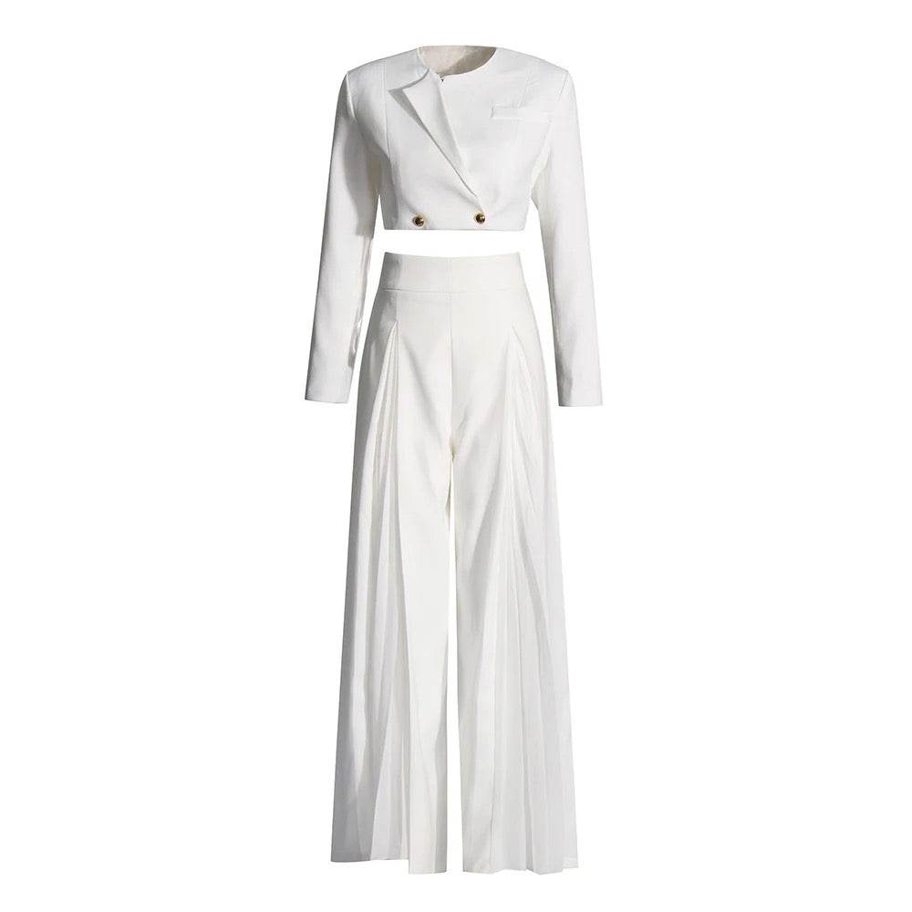 White Pleated Slim Fit Pants Set - REBECATHELABEL