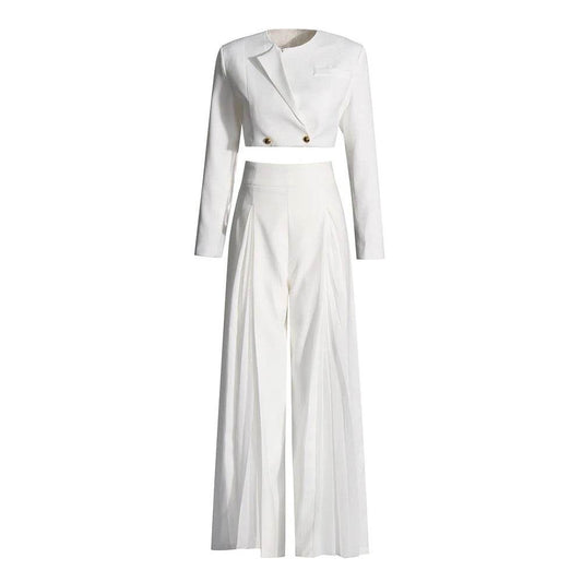White Pleated Slim Fit Pants Set - REBECATHELABEL