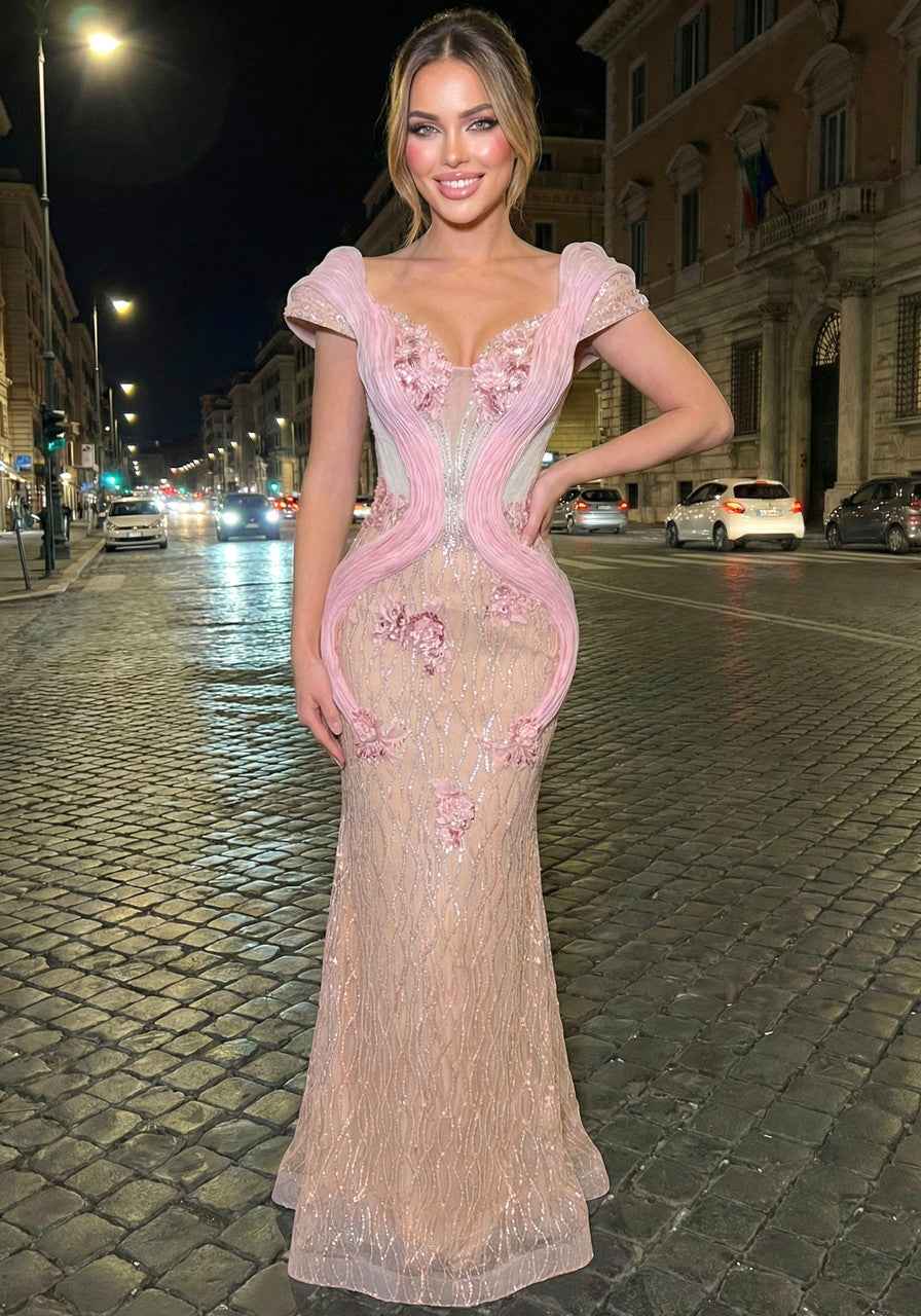 Bardot Floral Sequin Maxi Dress Nude Pink