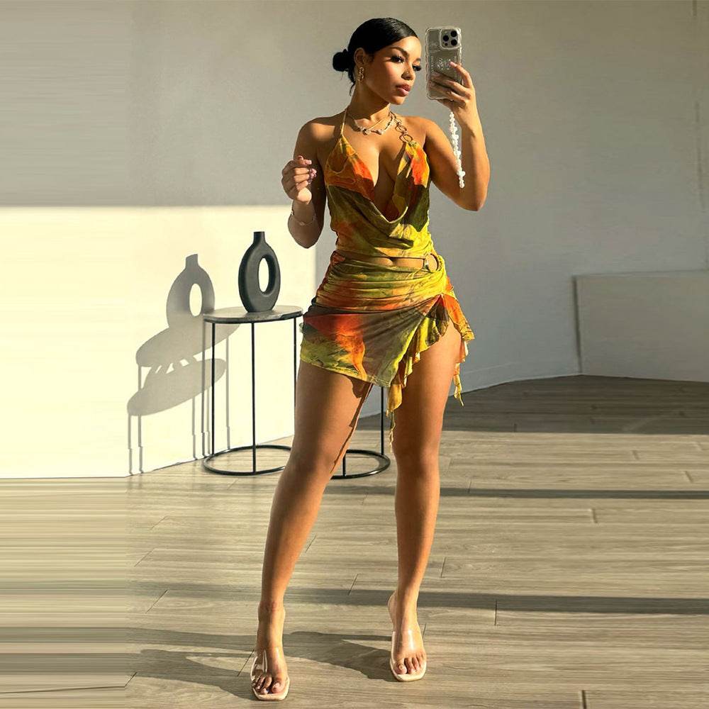 Mesh Floral Print Cropped Exposed Irregular Asymmetric Dress - REBECATHELABEL