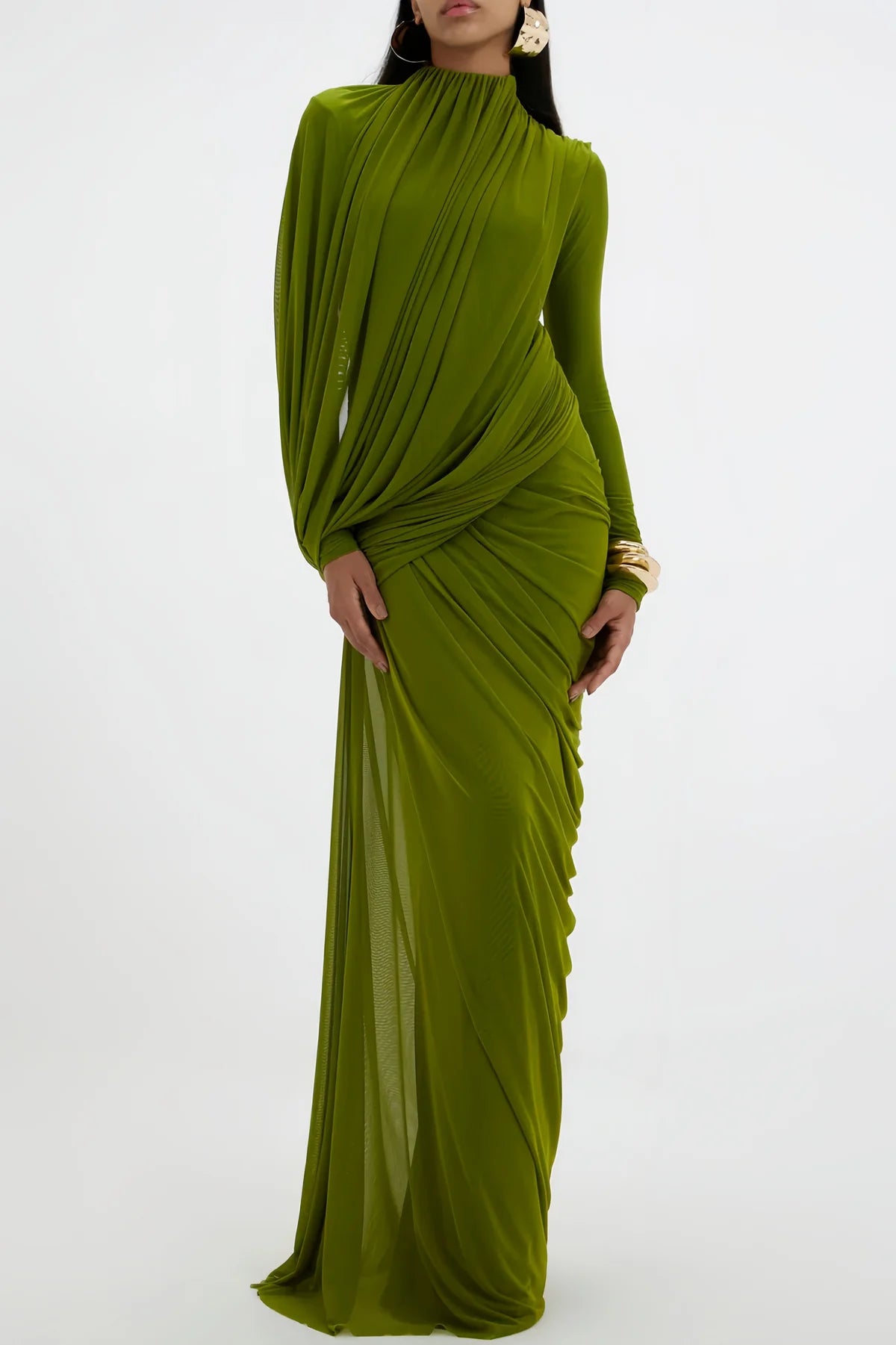 Green Asymmetrical Ruched Maxi Dress