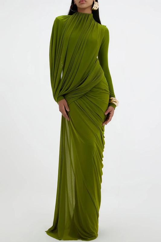 Green Asymmetrical Ruched Maxi Dress