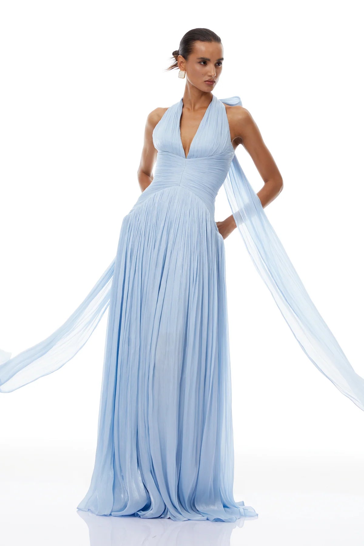 Blue Glossy Gathered Maxi Dress
