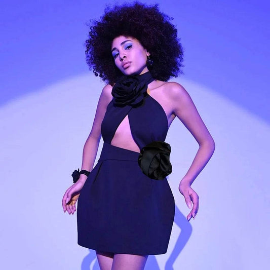 Open Back Hollow 3D Flower Mini Bandage Dress - REBECATHELABEL