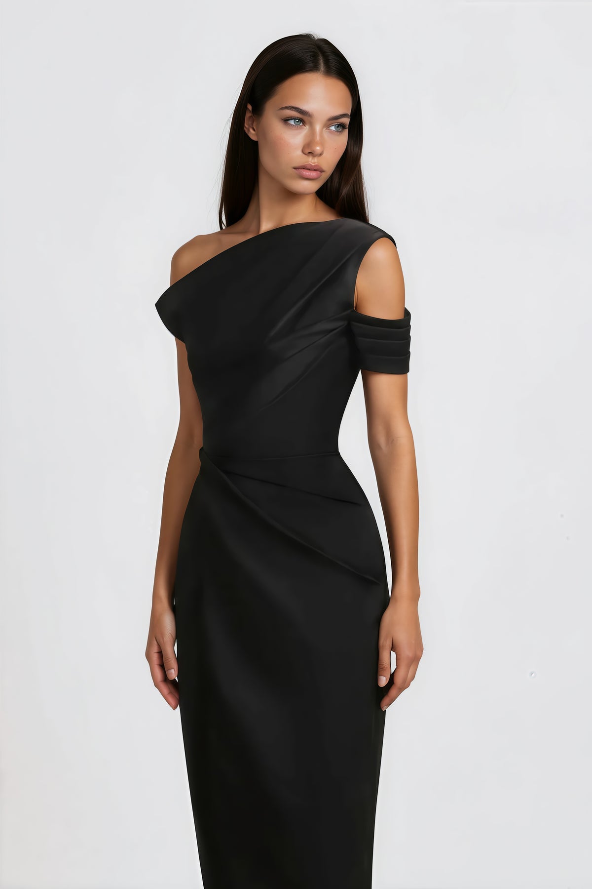 Black One Shoulder Asymmetrical Midi Dress