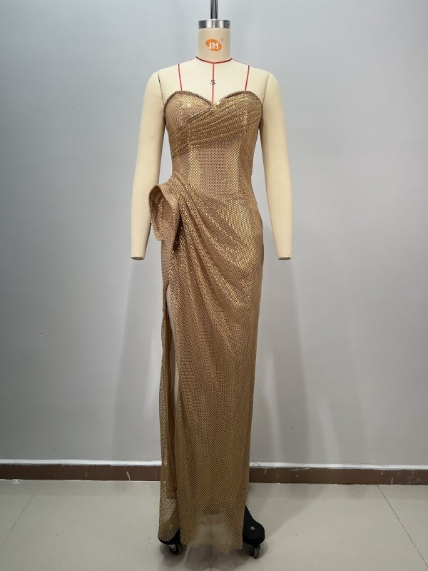 Tube Top Beaded Slim Bag Hip Split Sequined Party Dinner Evening Dress