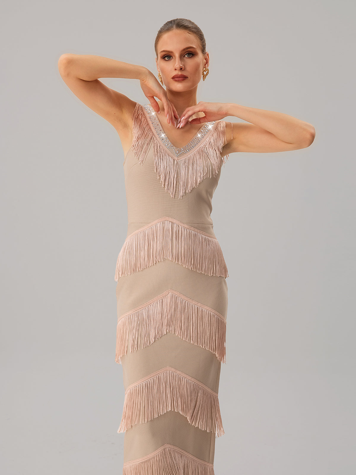 Neck Fringe Split Bandage Maxi Dress