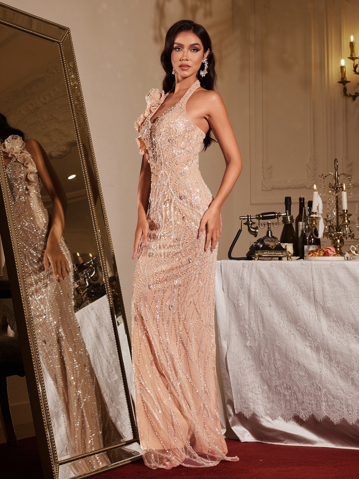 Halterneck Flower Sequin Maxi Dress