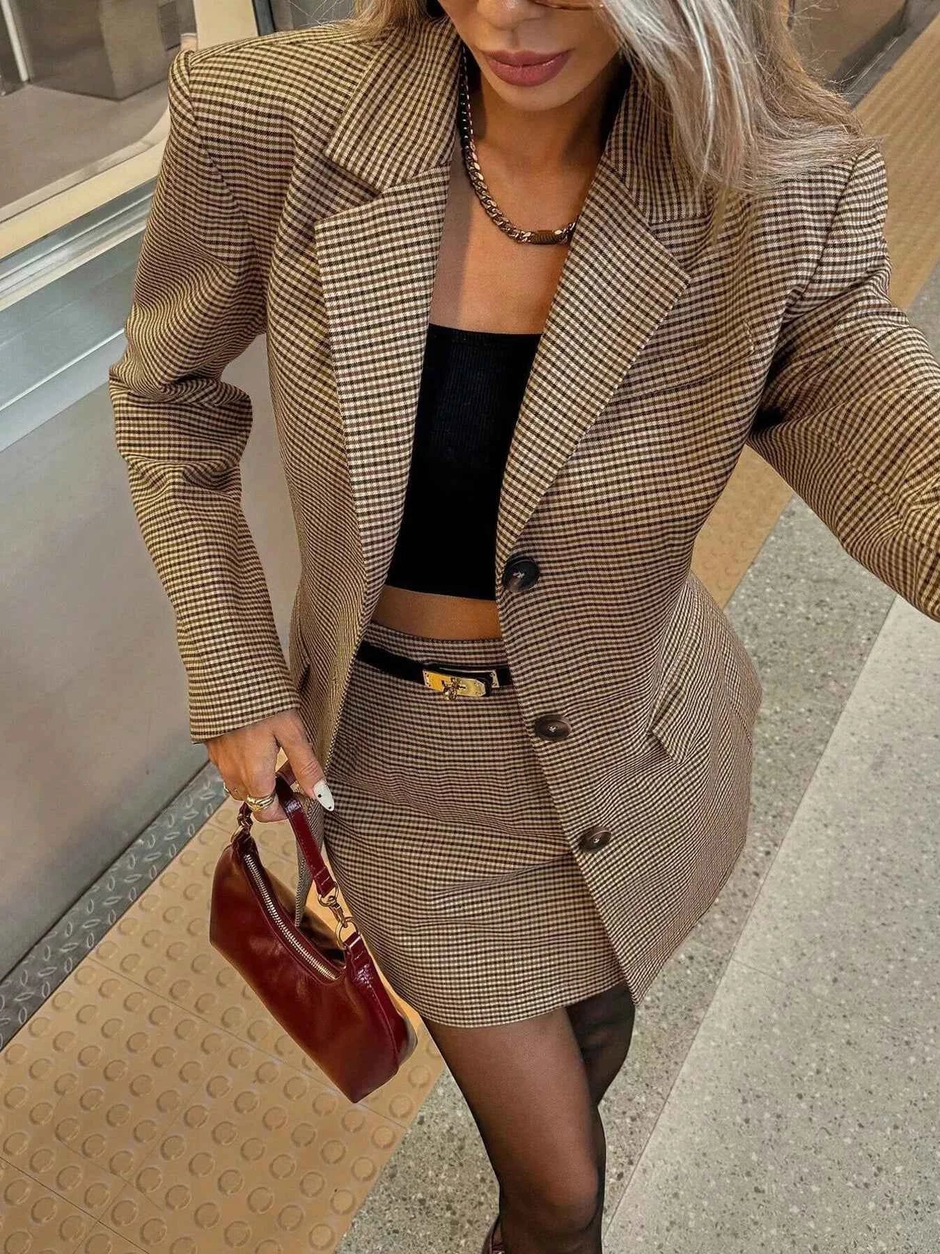 Single-Breasted Plaid Blazer and Skirt Set