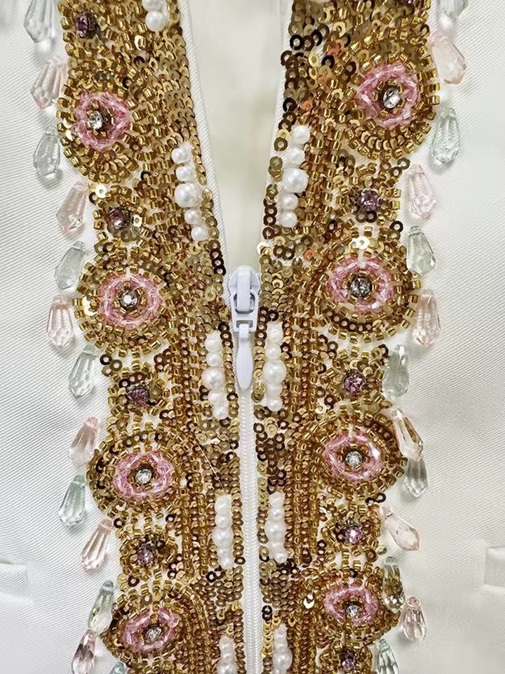 Beaded Suit Zipper Blazer+Wide Leg Pants Two-Piece Set