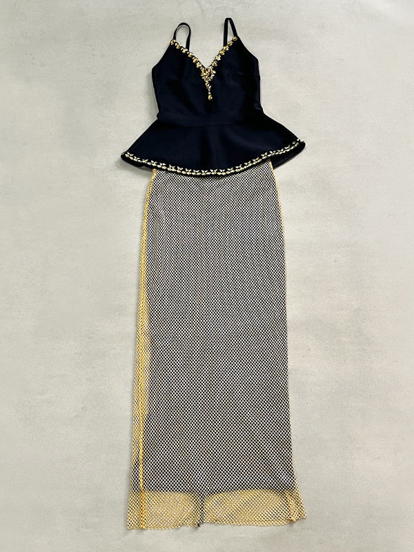 Black-Gold Spaghetti Strap Two-Piece Maxi Dress