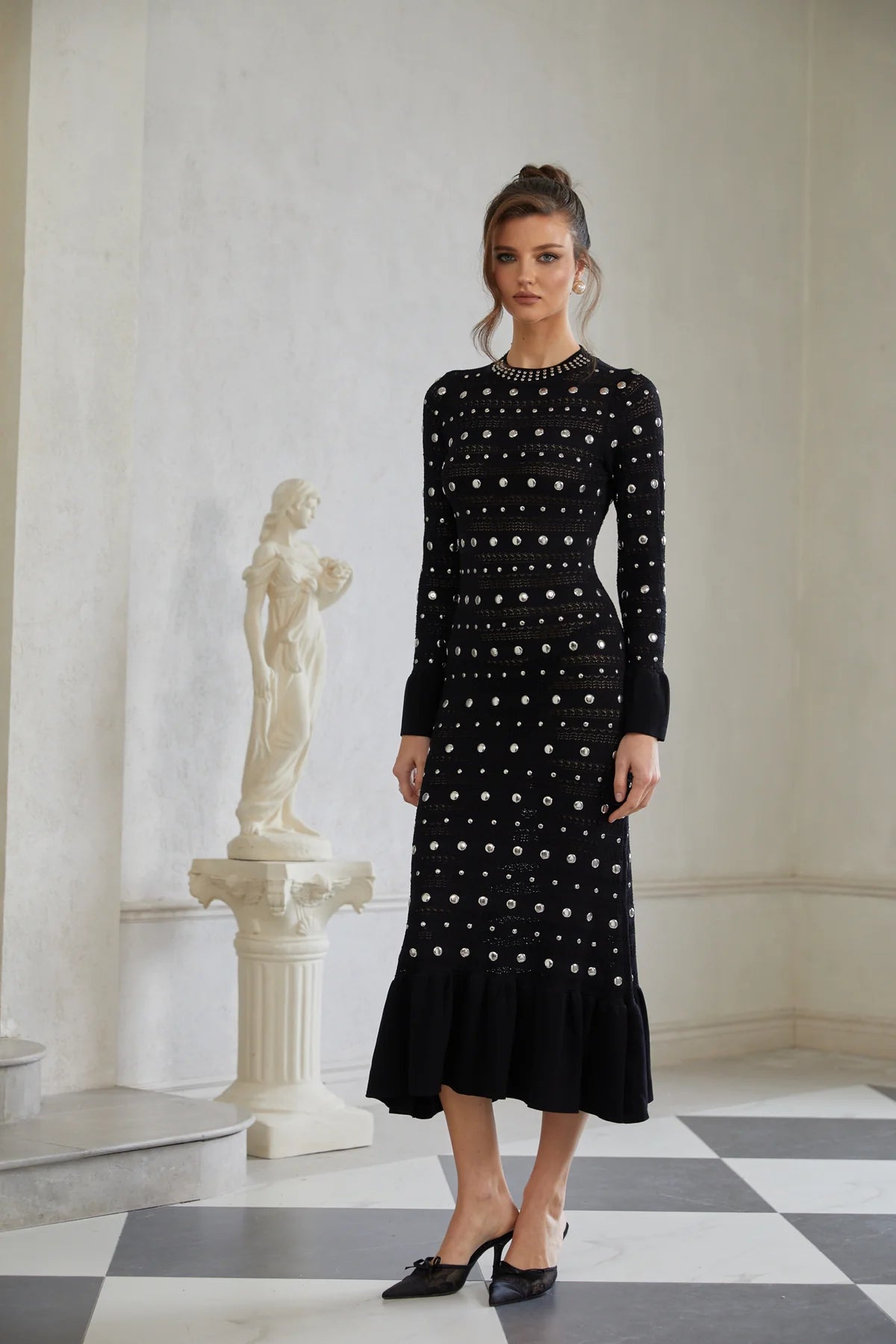 Black Long Sleeve Studded Crochet Knit Midi dress