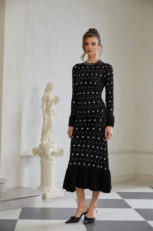Black Long Sleeve Studded Crochet Knit Midi dress