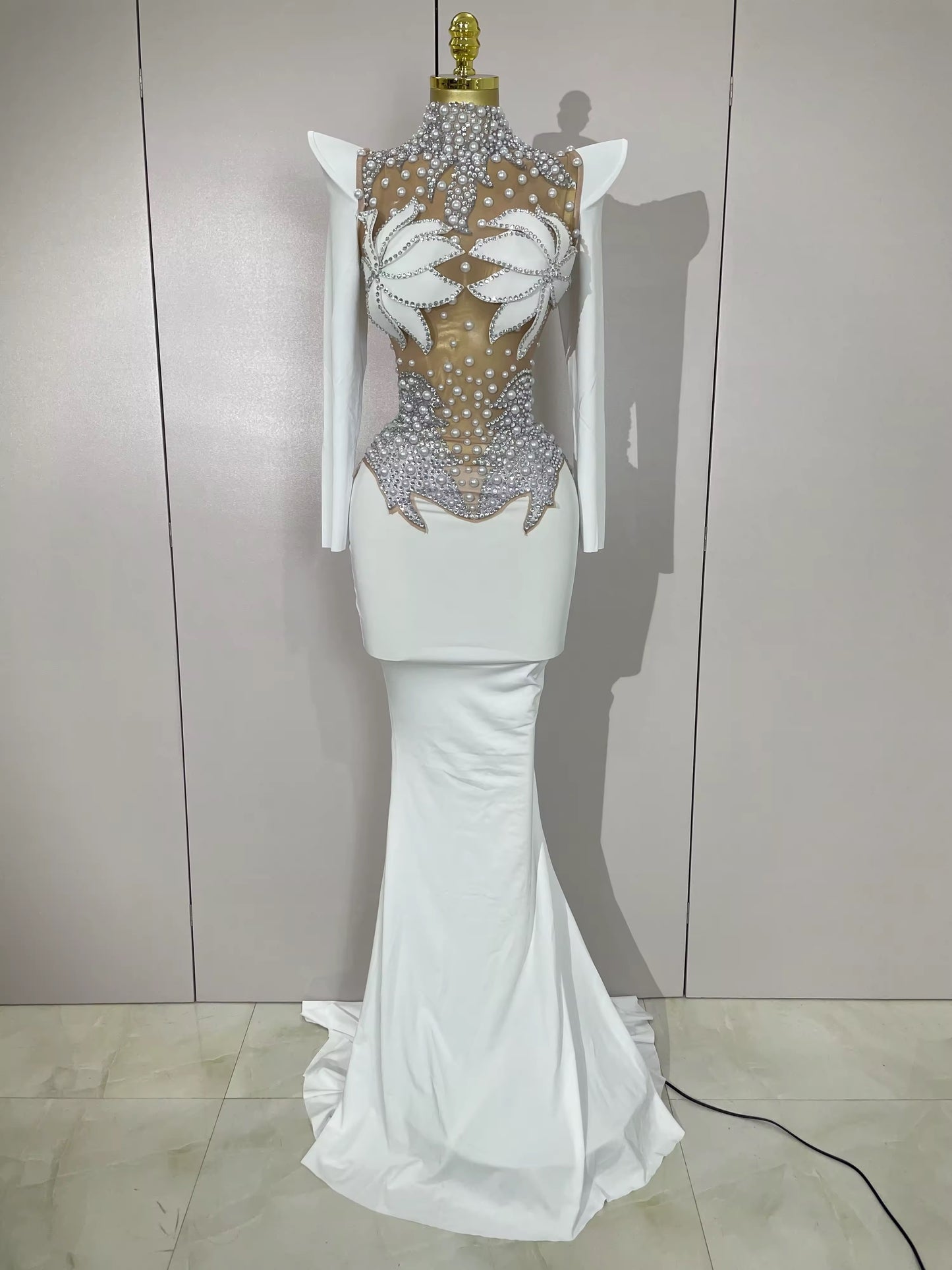 Sparkly Diamonds Pearl Black Sexy See Through Mesh Long Dress