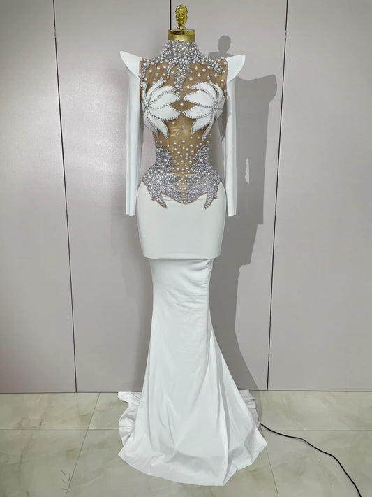 Sparkly Diamonds Pearl Black Sexy See Through Mesh Long Dress