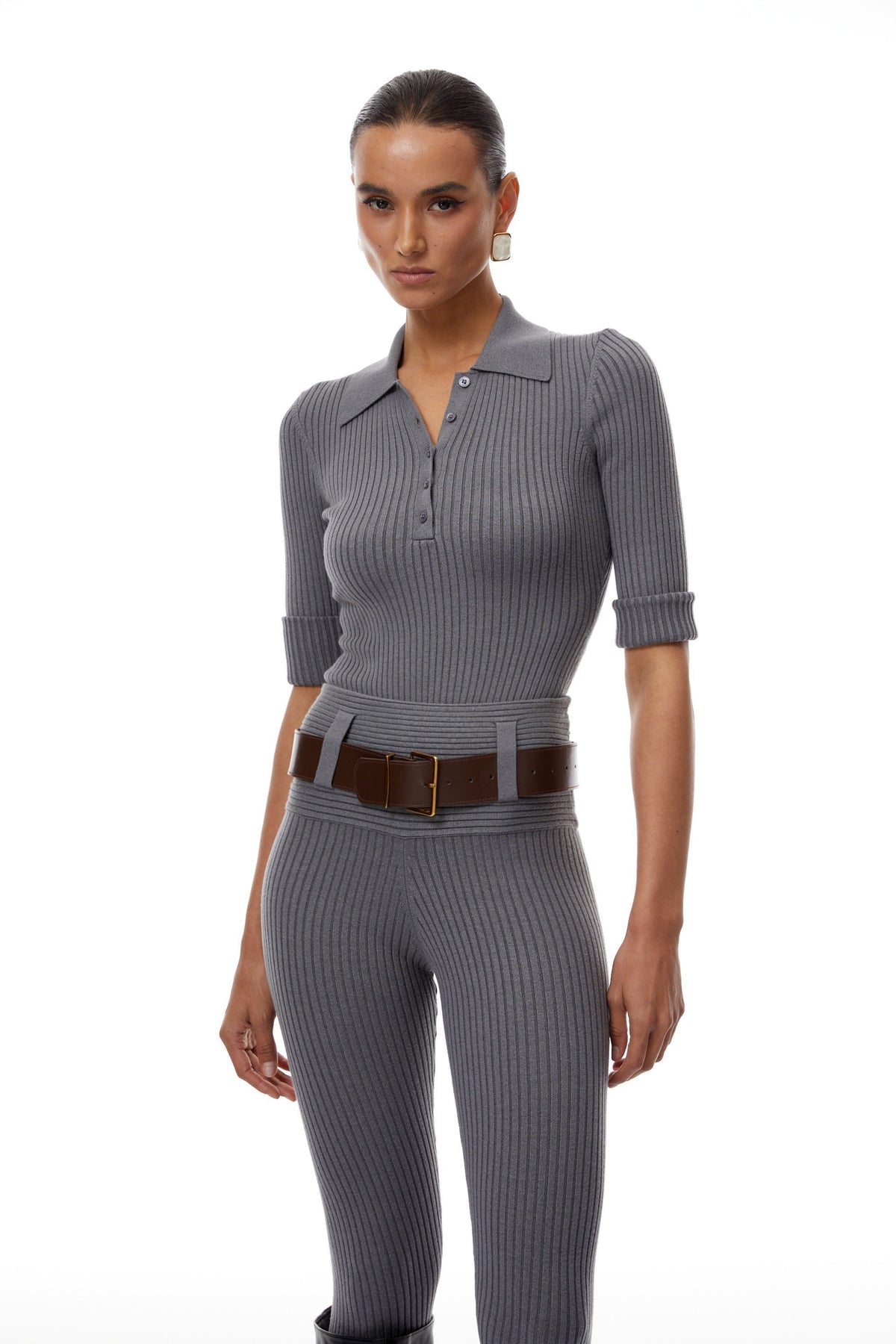 Grey Ribbed Knit Bodysuit & Trousers Set