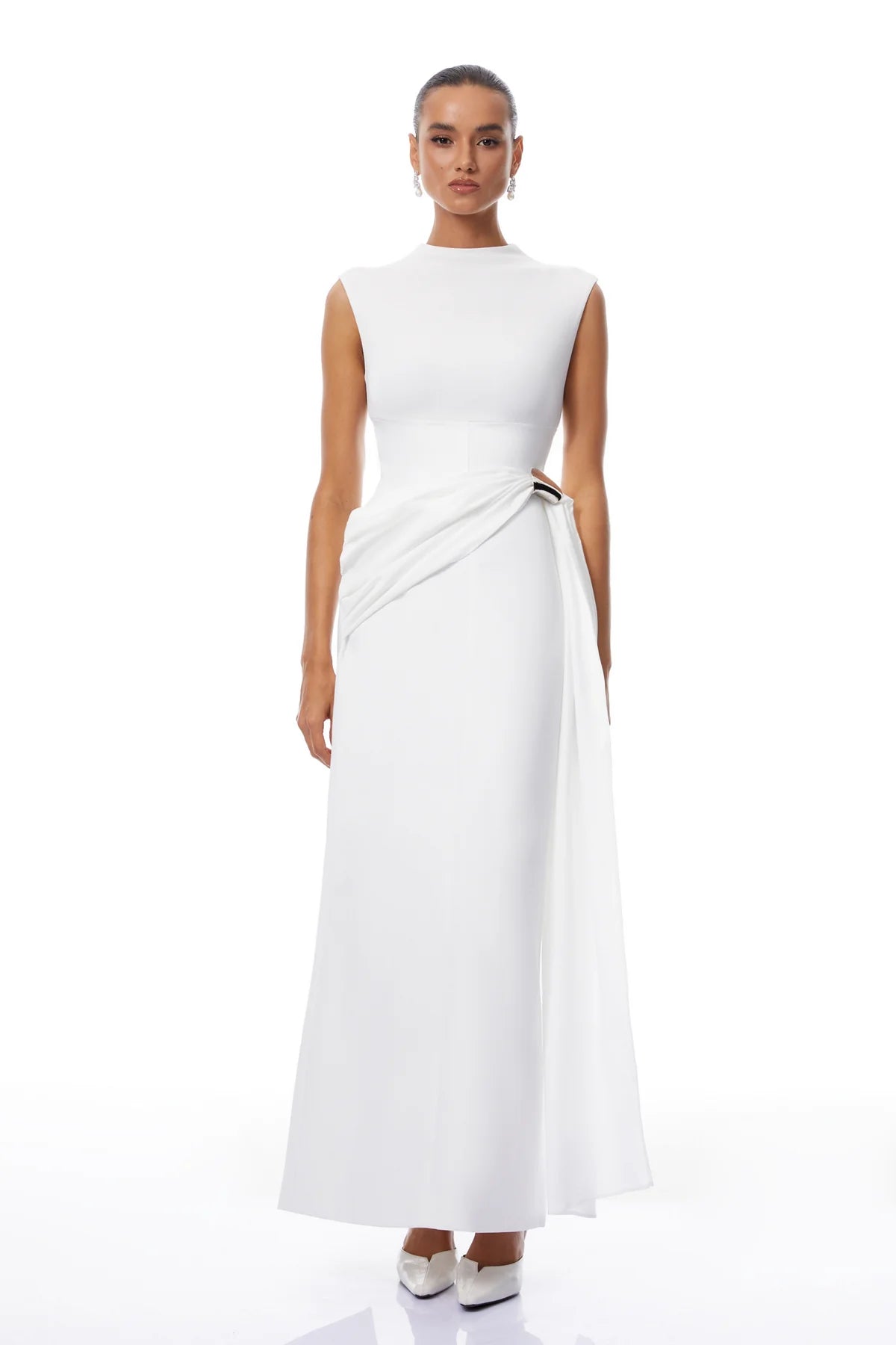 White Knit Panel Gathered Maxi Dress