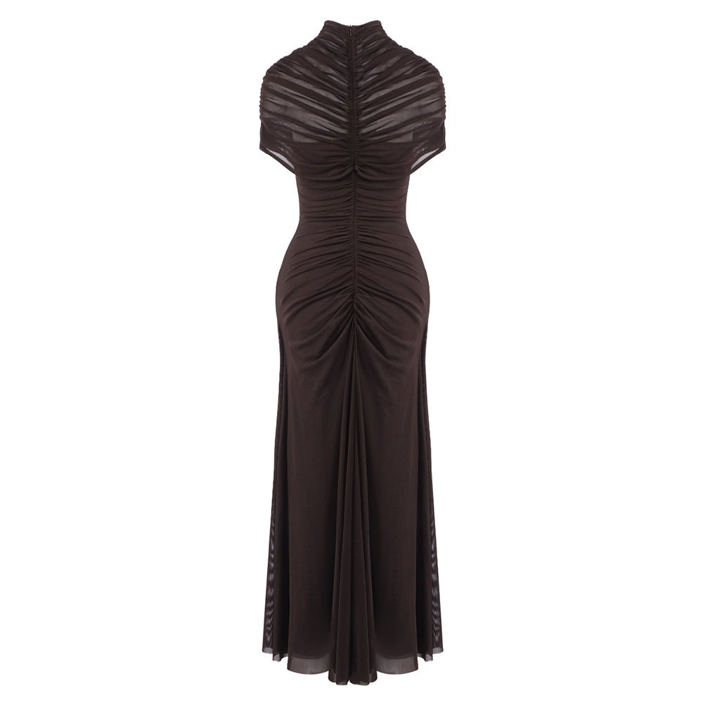 Ruched Brown Hollow Out Maxi Dress