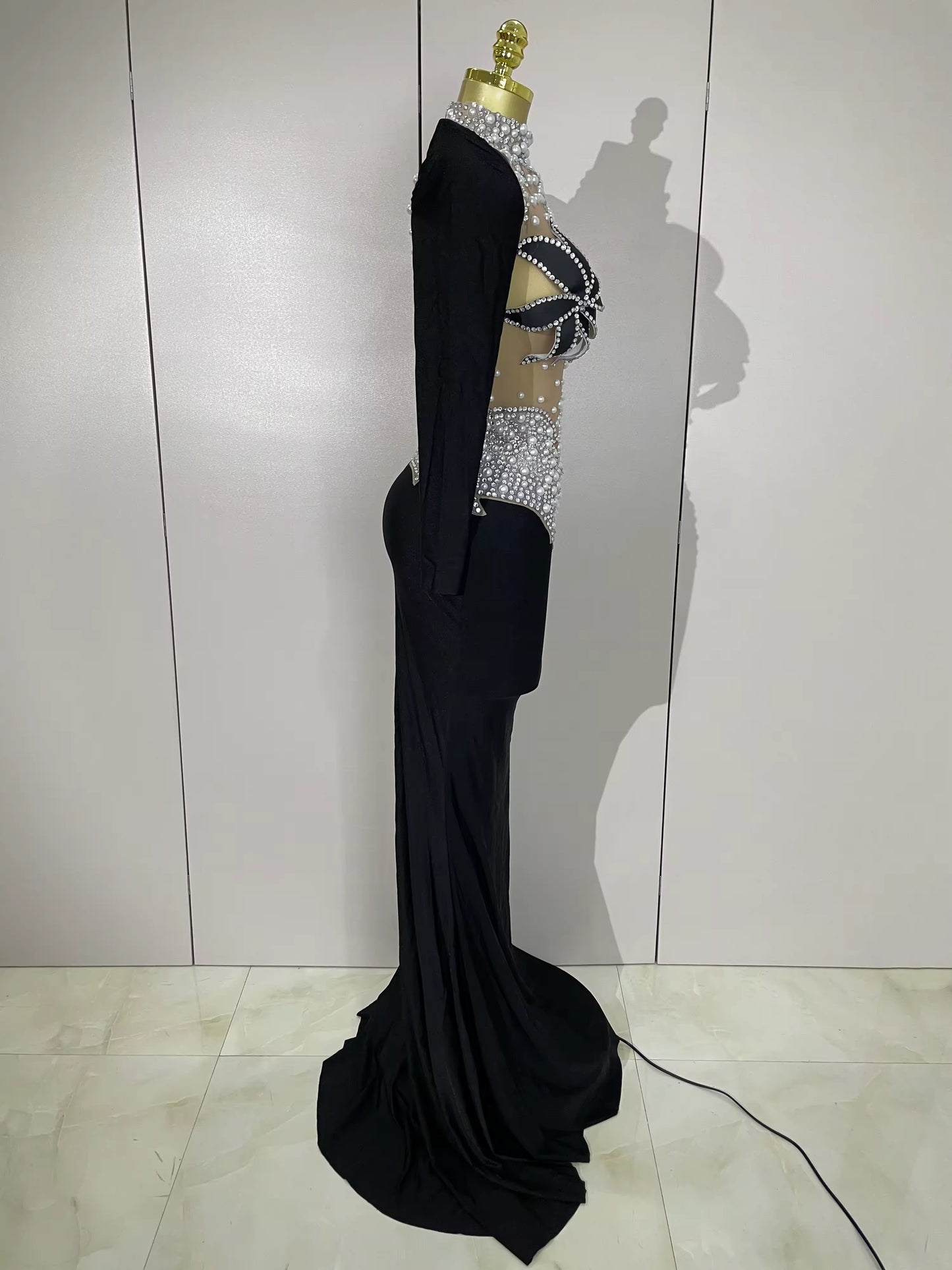 Sparkly Diamonds Pearl Black Sexy See Through Mesh Long Dress