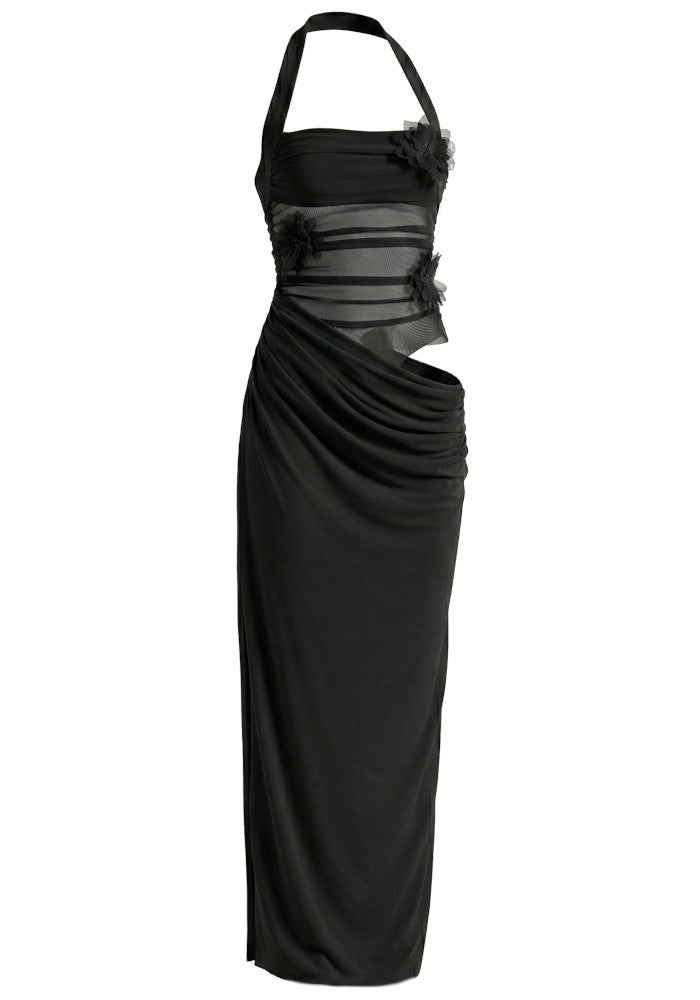 Halter Floral Mesh Maxi Dress Black