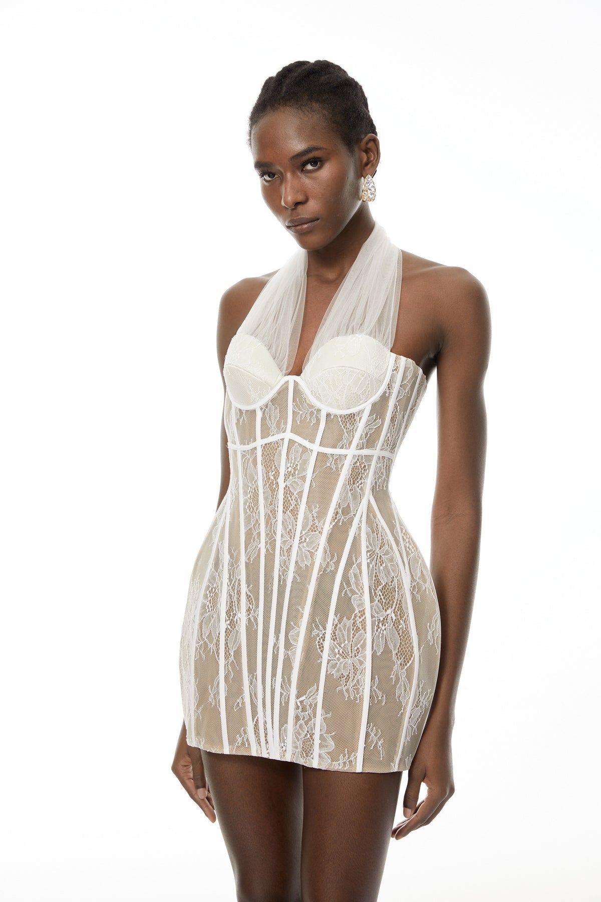 White Halterneck Lace Mini Dress