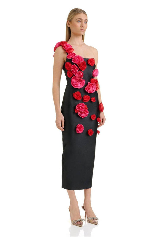One Shoulder Sleeveless 3D Flower Tight Midi Bandage Dress - REBECATHELABEL