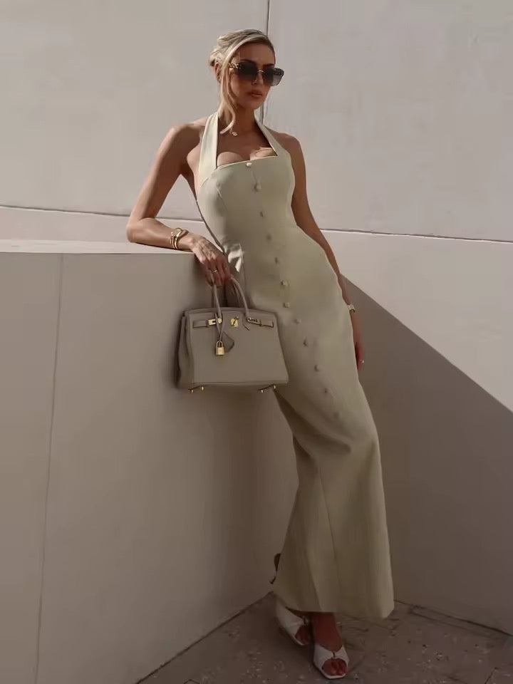 Halter Solid Button Maxi Dress