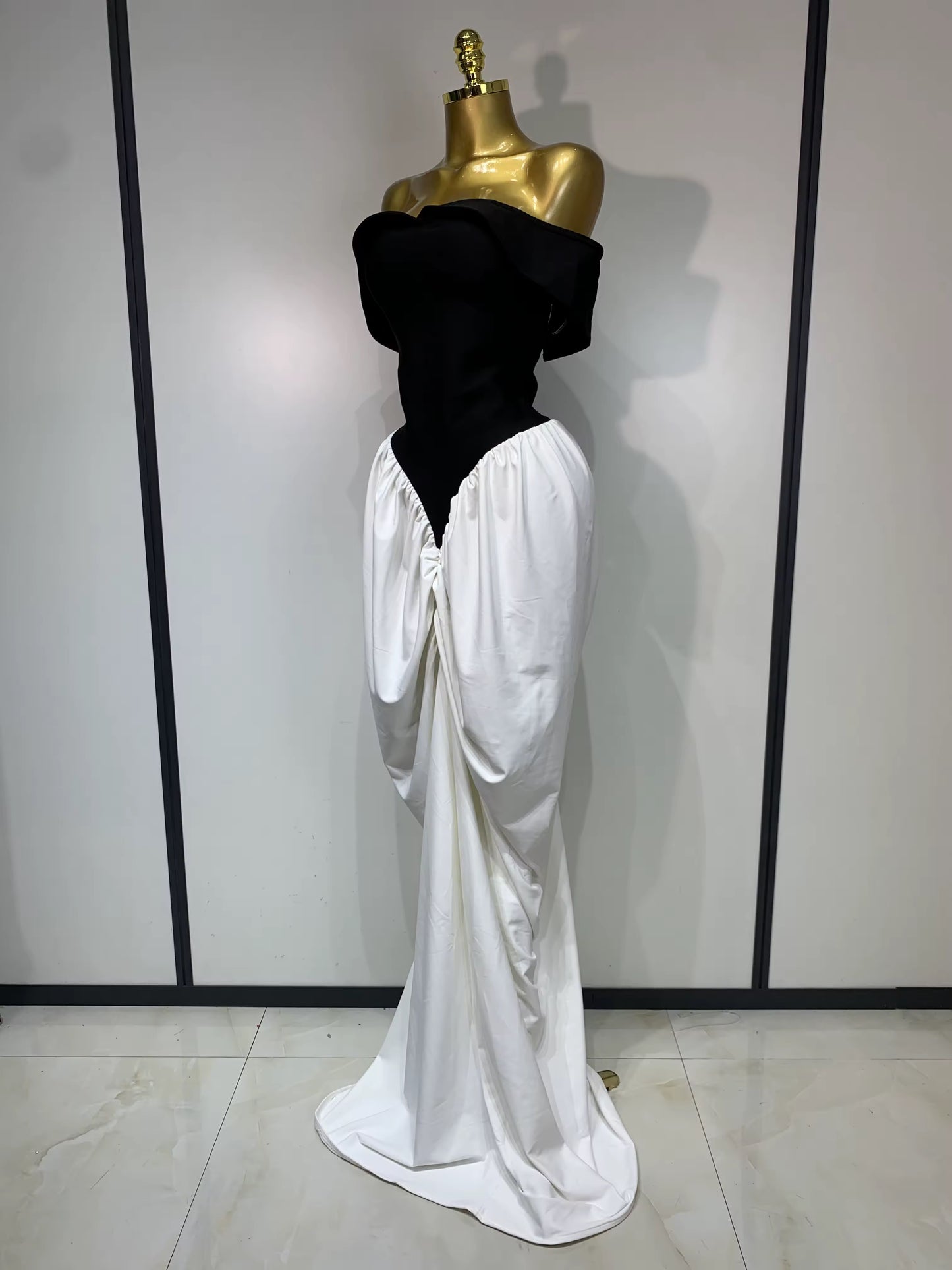 Off Shoulder Black And White Bandage Mermaid Long dress